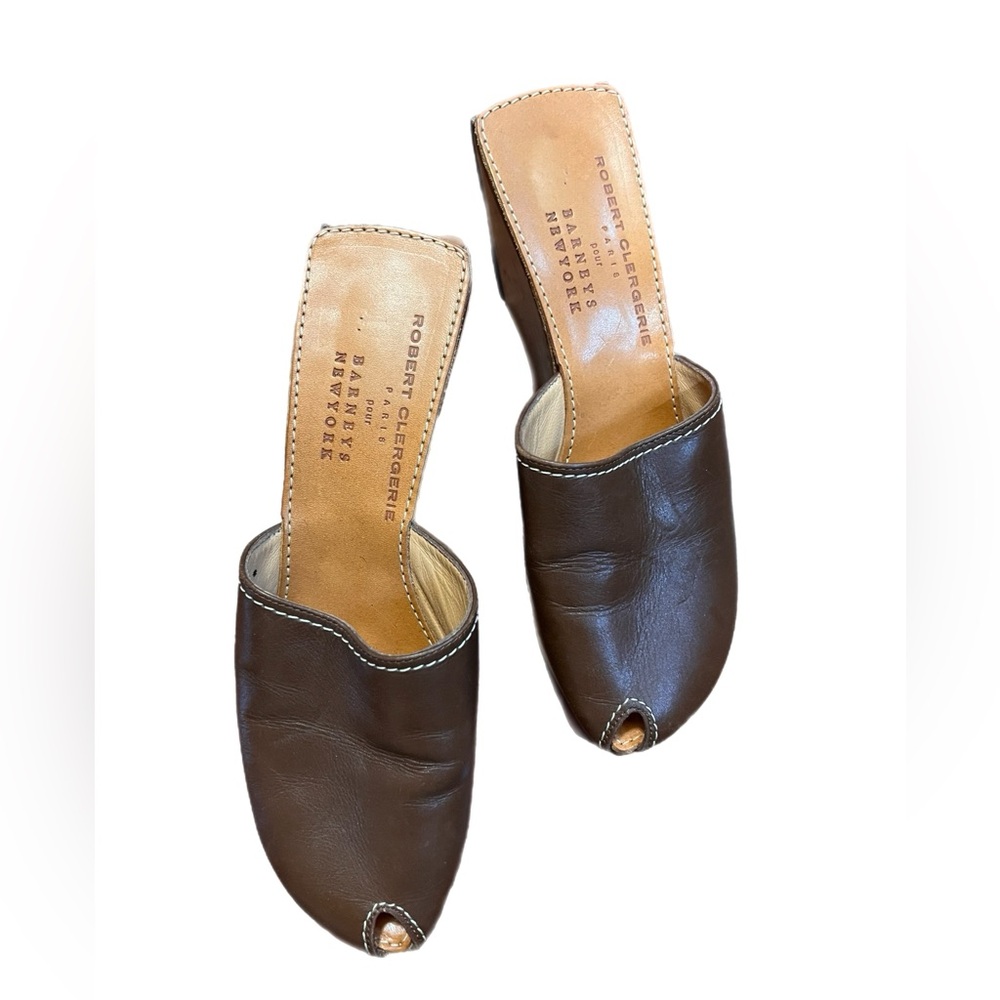Robert Clergerie Vintage Brown Leather Peep Toe Platform Mules